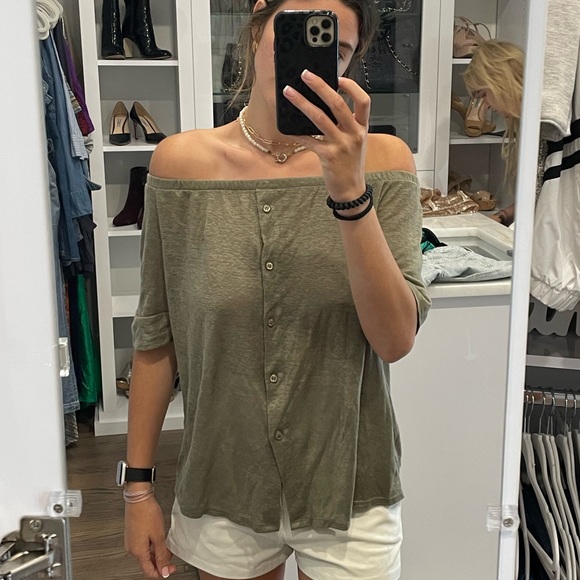 Green button down off shoulder shirt - Picture 2 of 2